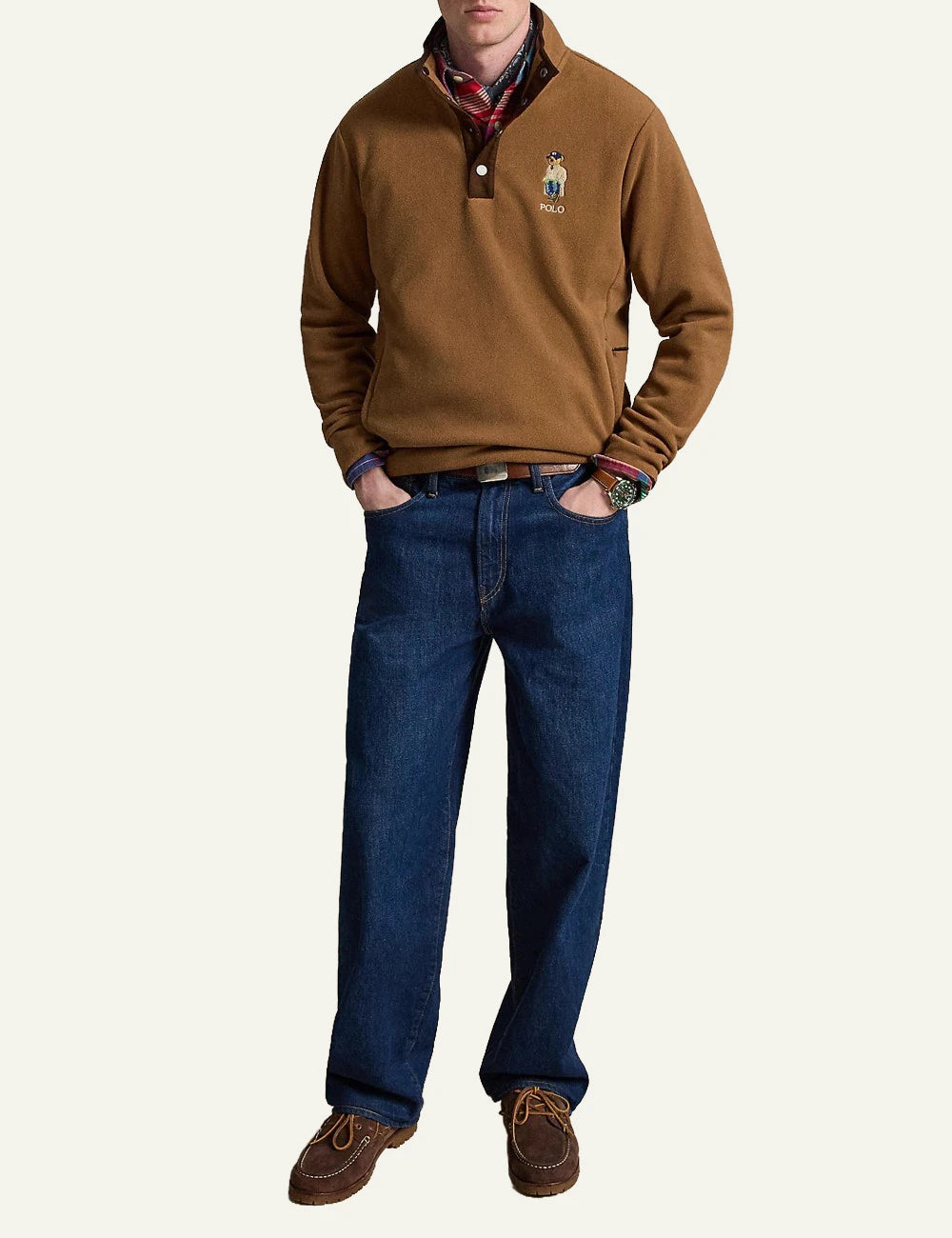 Men's Polo Ralph Lauren brown pullover sweatshirt with Polo Bear embroidery and snap collar full body