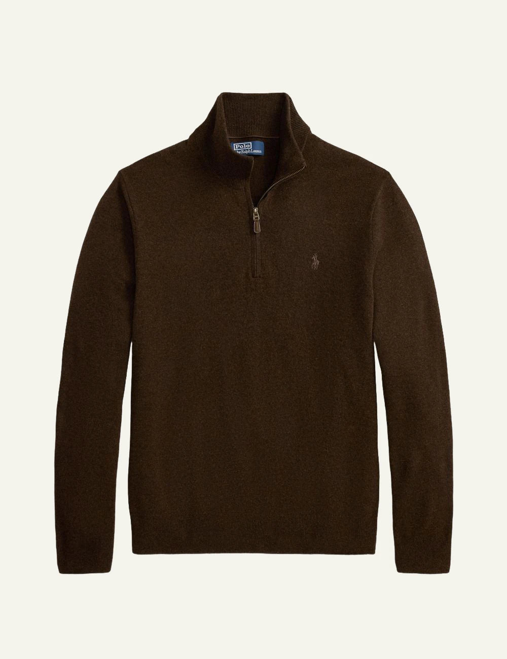 Men's Polo Ralph Lauren brown wool quarter-zip sweater with embroidered Pony logo