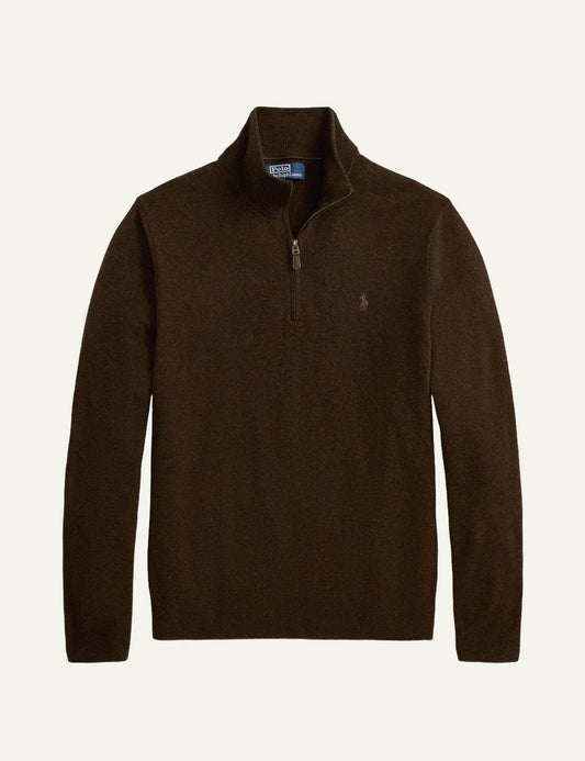 Men's Polo Ralph Lauren brown wool quarter-zip sweater with embroidered Pony logo