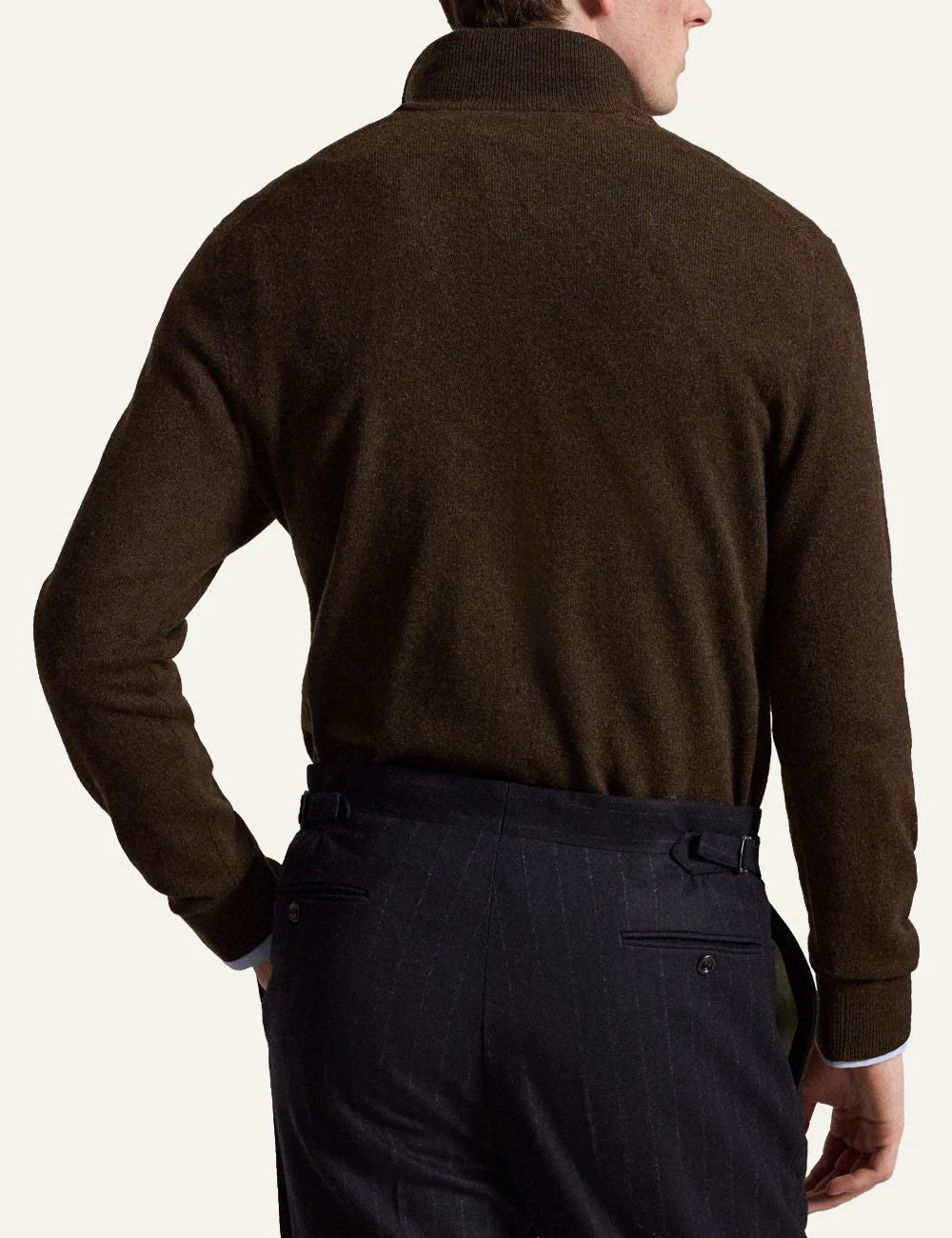 Men's Polo Ralph Lauren brown wool quarter-zip sweater with embroidered Pony logo back