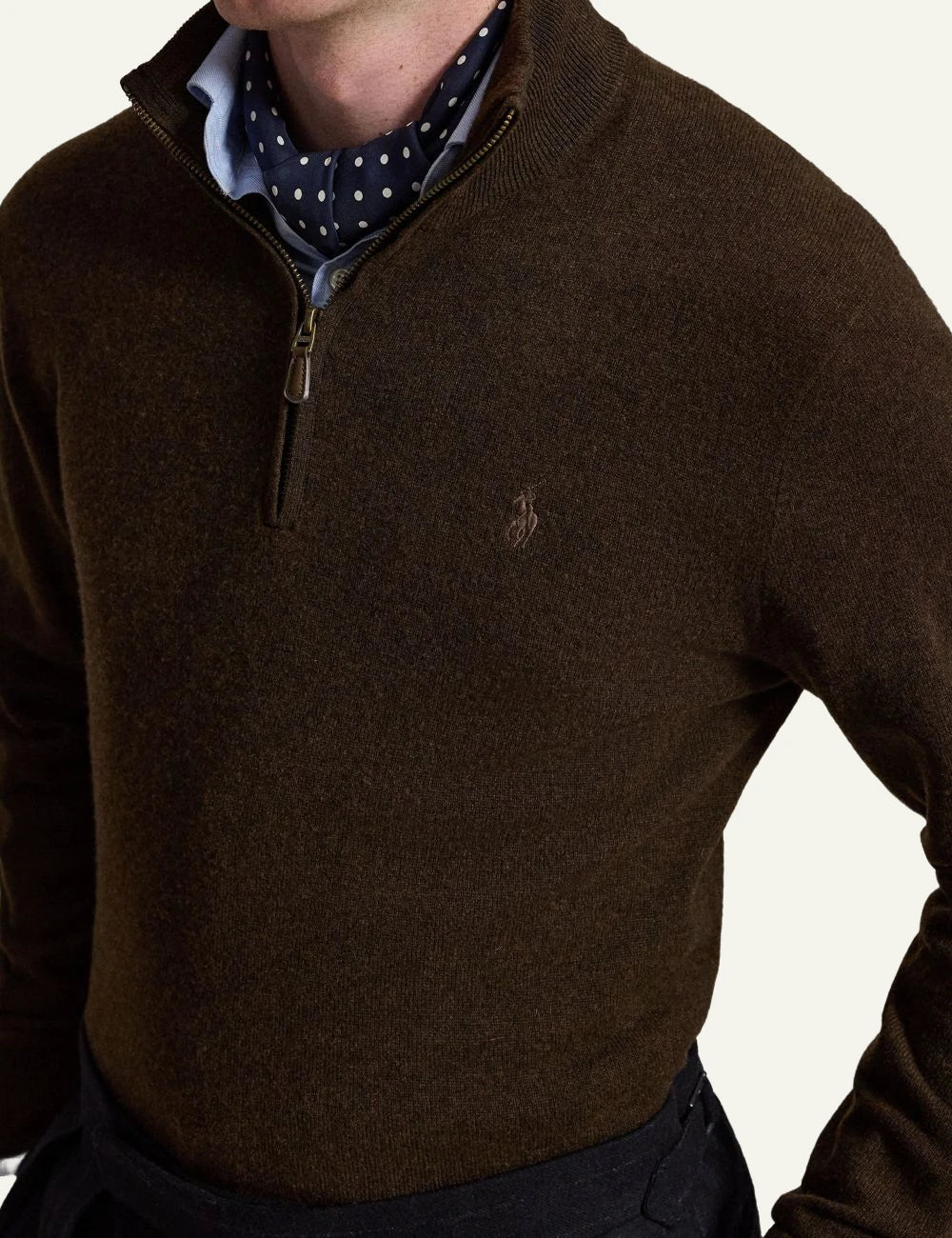 Men's Polo Ralph Lauren brown wool quarter-zip sweater with embroidered Pony logo detail
