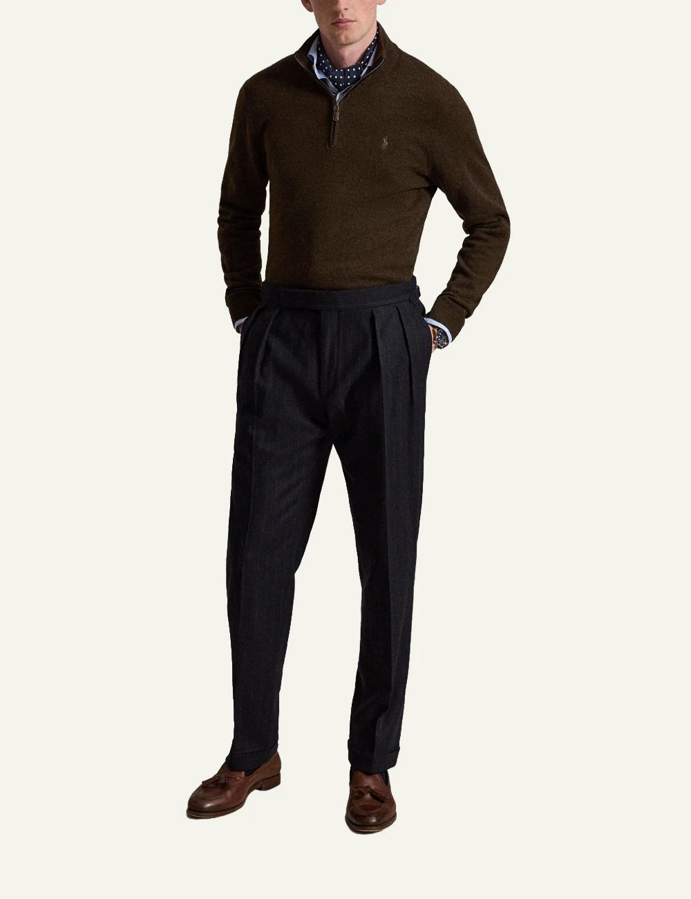 Men's Polo Ralph Lauren brown wool quarter-zip sweater with embroidered Pony logo full body