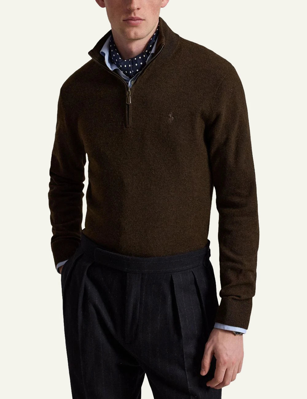 Men's Polo Ralph Lauren brown wool quarter-zip sweater with embroidered Pony logo model