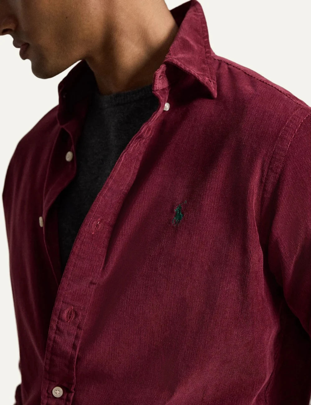 Polo Ralph Lauren men's burgundy cotton button-down shirt detail