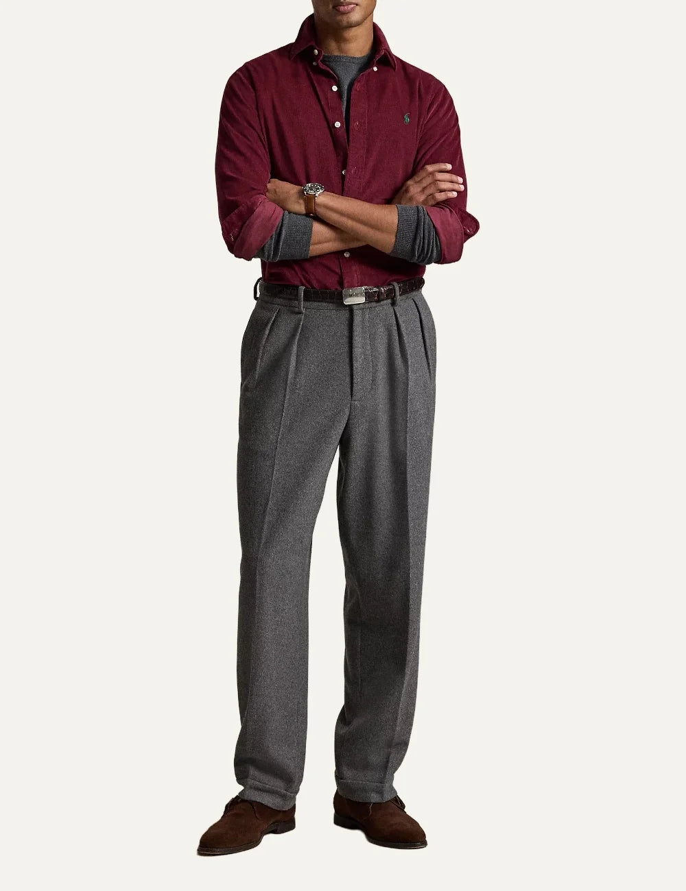 Polo Ralph Lauren men's burgundy cotton button-down shirt full body