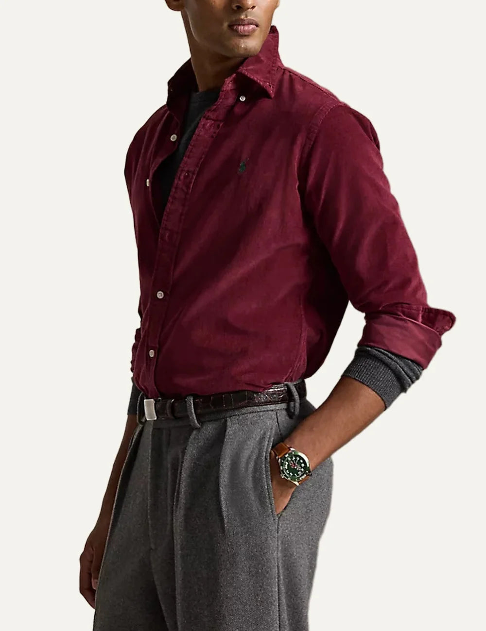 Polo Ralph Lauren men's burgundy cotton button-down shirt side