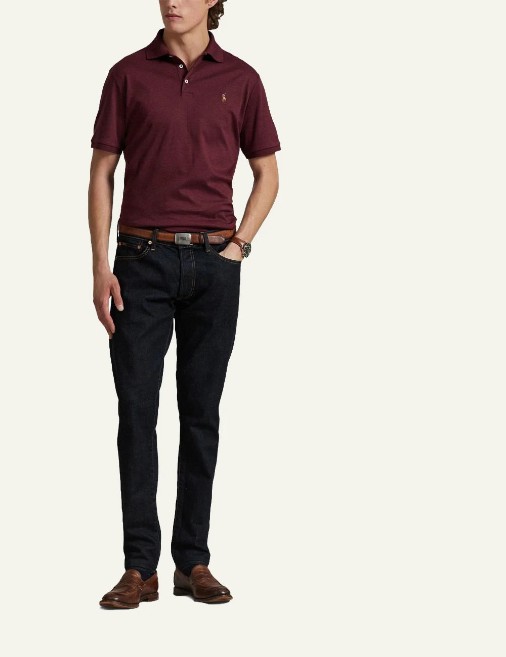 Men's Polo Ralph Lauren burgundy cotton polo shirt with multicoloured embroidered Pony logo full body