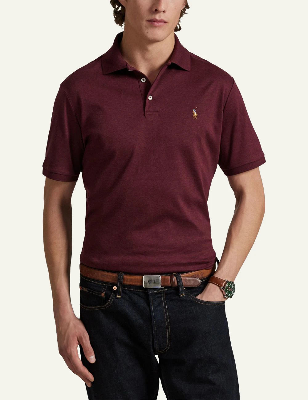 Men's Polo Ralph Lauren burgundy cotton polo shirt with multicoloured embroidered Pony logo model