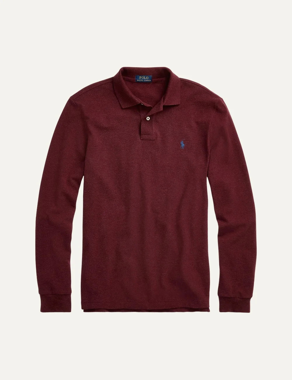 Polo Ralph Lauren men's burgundy long sleeve cotton polo shirt with ribbed collar and blue embroidered Pony logo.