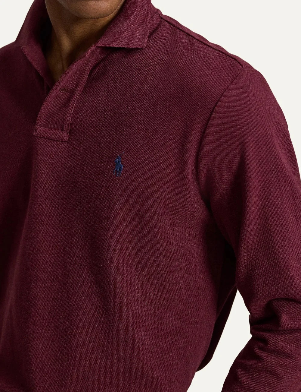 Polo Ralph Lauren men's burgundy long sleeve cotton polo shirt with ribbed collar and blue embroidered Pony logo detail