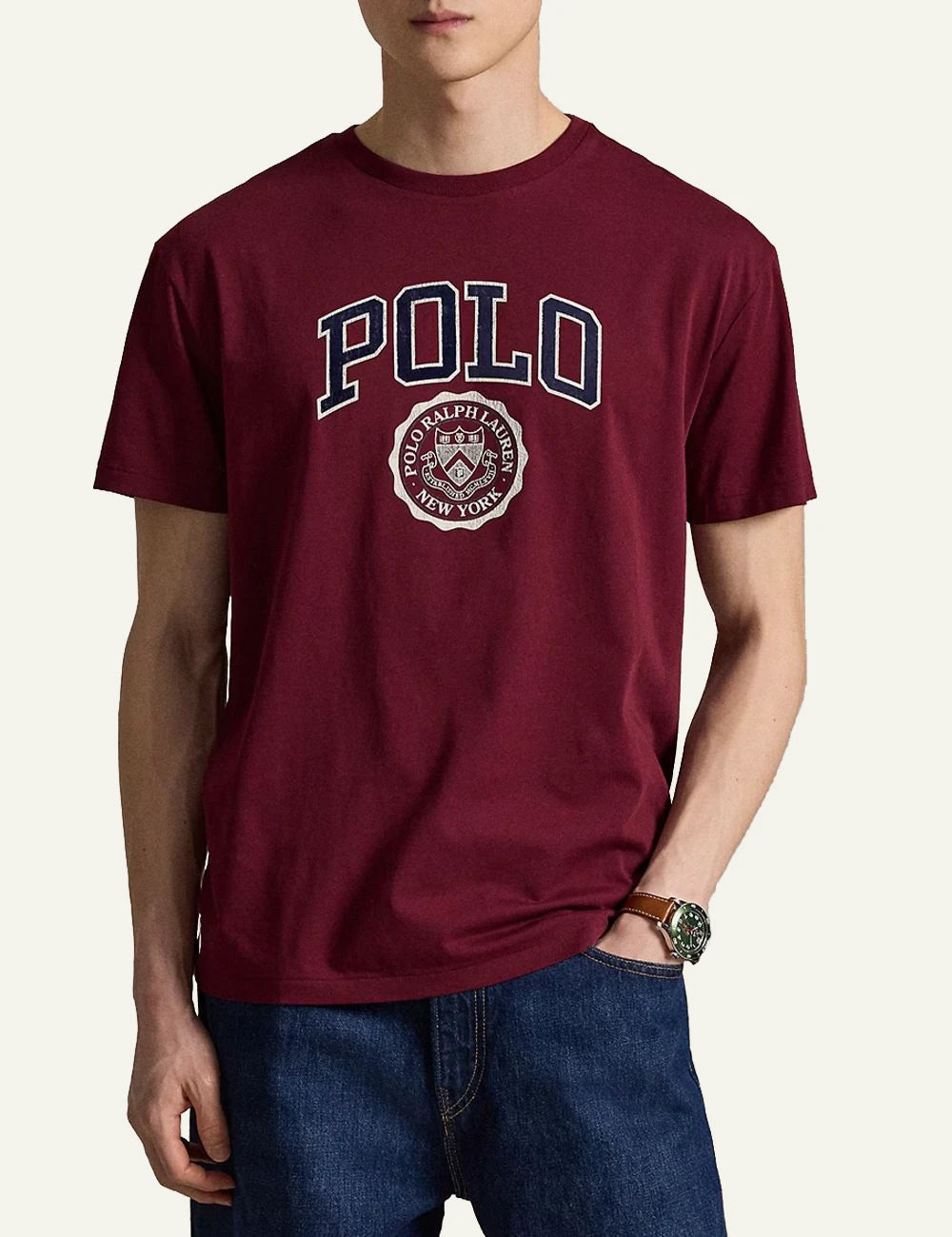 Men's Polo Ralph Lauren burgundy T-shirt with embroidered Polo logo and crest full body