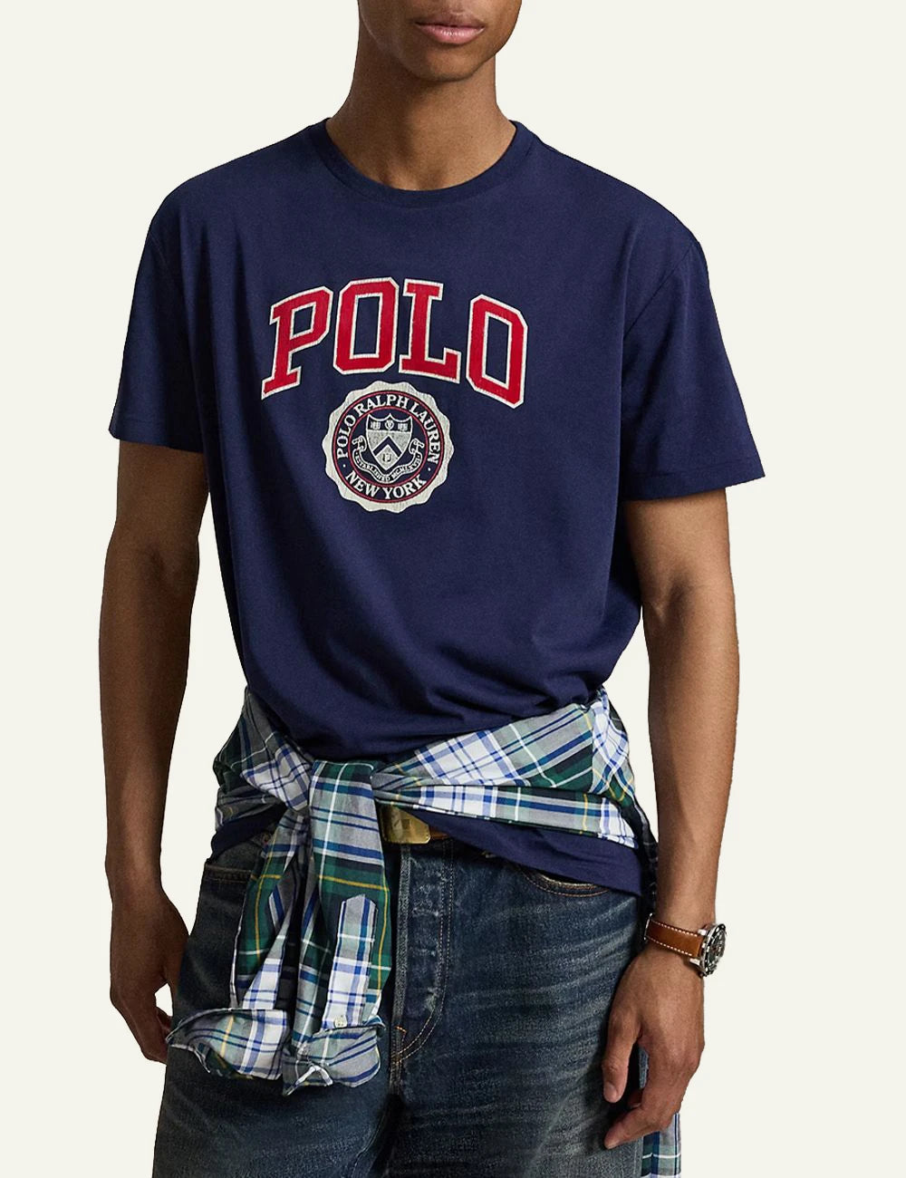 Men's Polo Ralph Lauren dark blue T-shirt with embroidered Polo logo and crest full body
