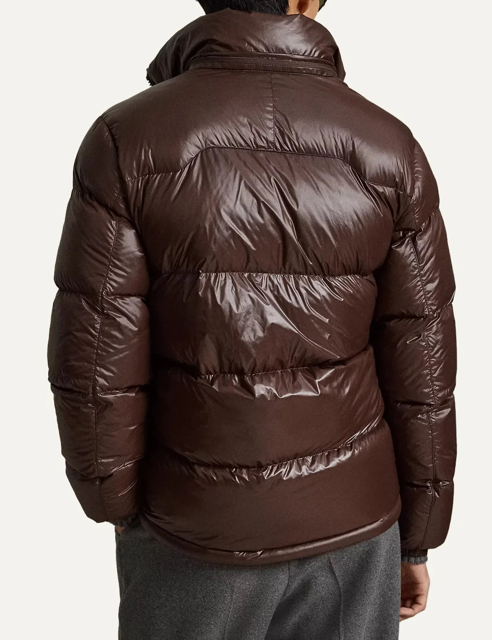 Polo Ralph Lauren men's dark brown quilted down puffer jacket with detachable hood back