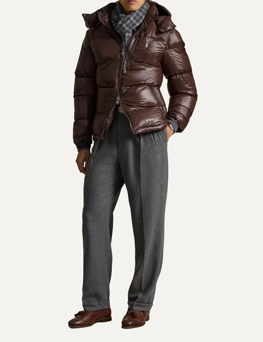 Polo Ralph Lauren men's dark brown quilted down puffer jacket with detachable hood full body