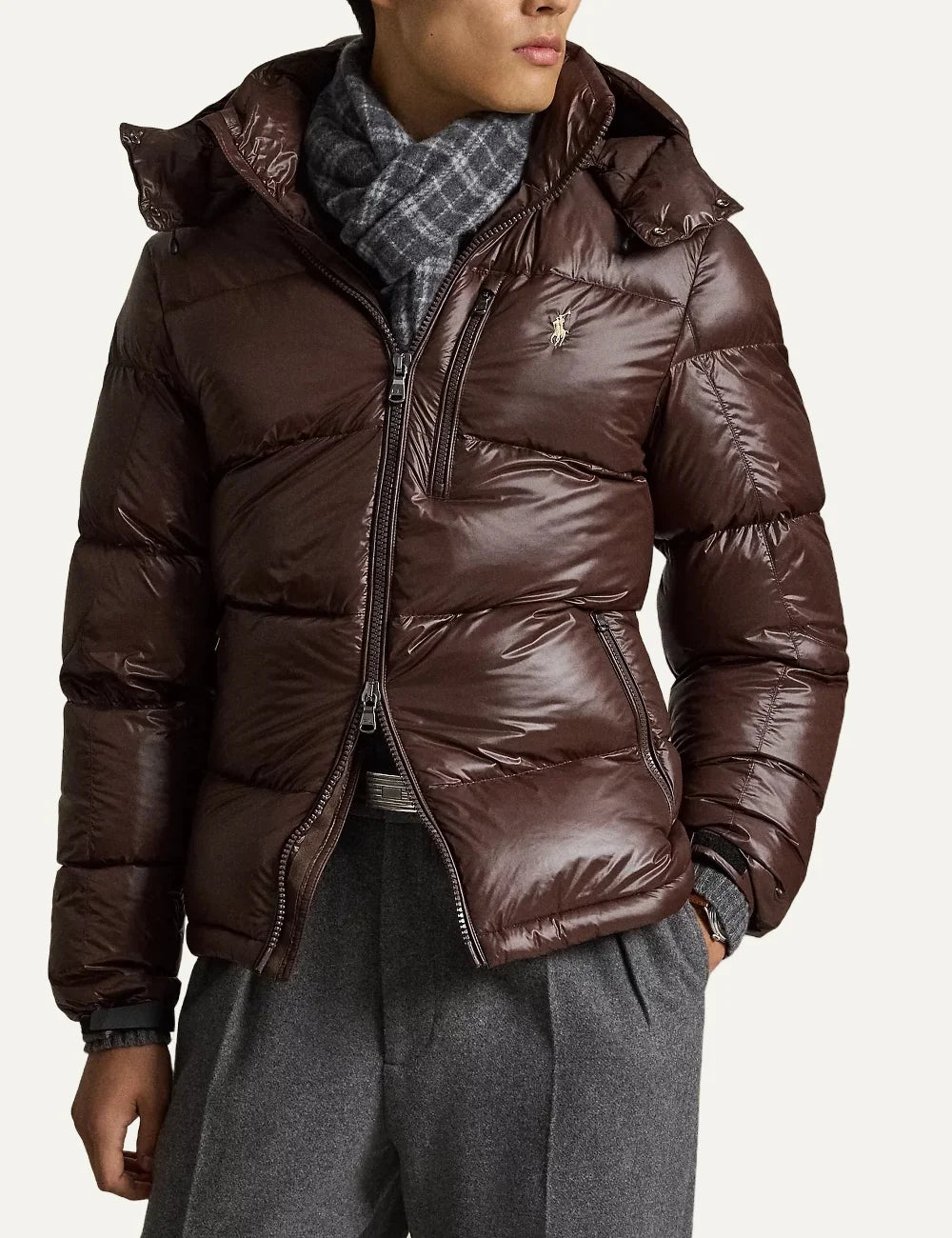 Polo Ralph Lauren men's dark brown quilted down puffer jacket with detachable hood model