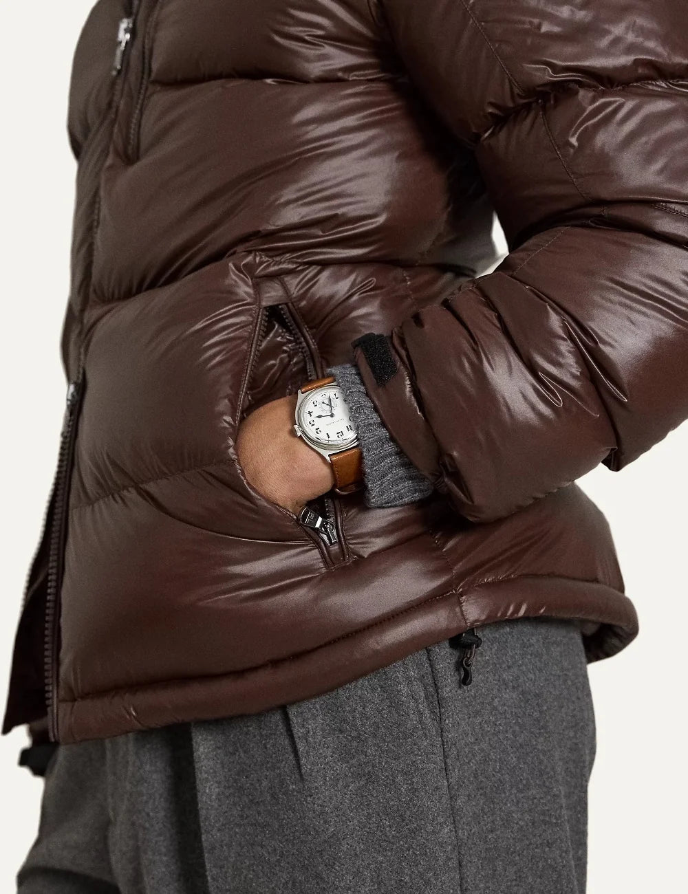 Polo Ralph Lauren men's dark brown quilted down puffer jacket with detachable hood pocket