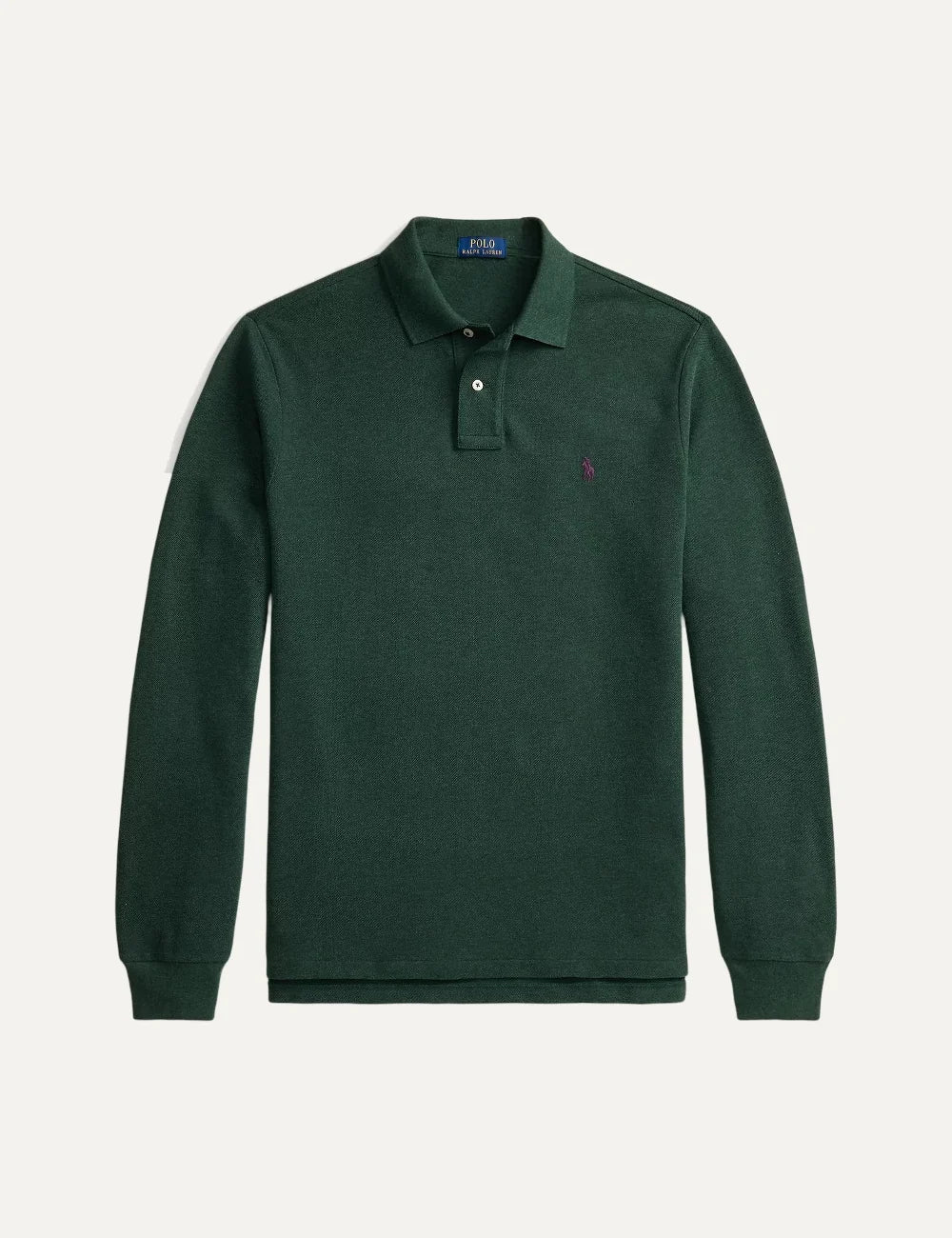 Polo Ralph Lauren men's dark green long sleeve cotton polo shirt with ribbed collar and purple embroidered Pony logo.
