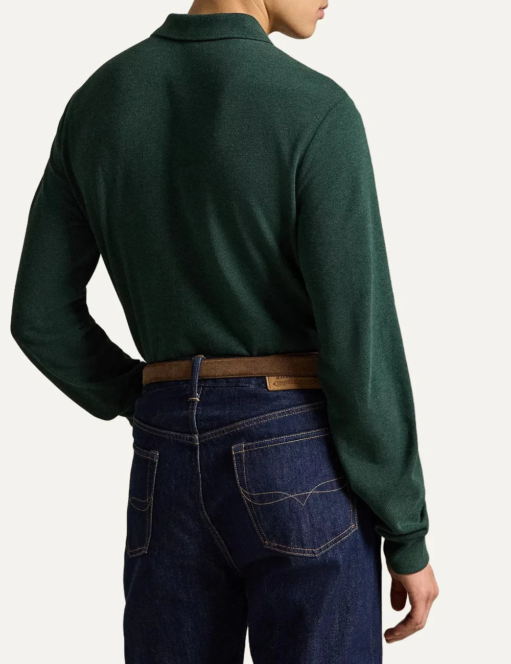 Polo Ralph Lauren men's dark green long sleeve cotton polo shirt with ribbed collar and purple embroidered Pony logo back