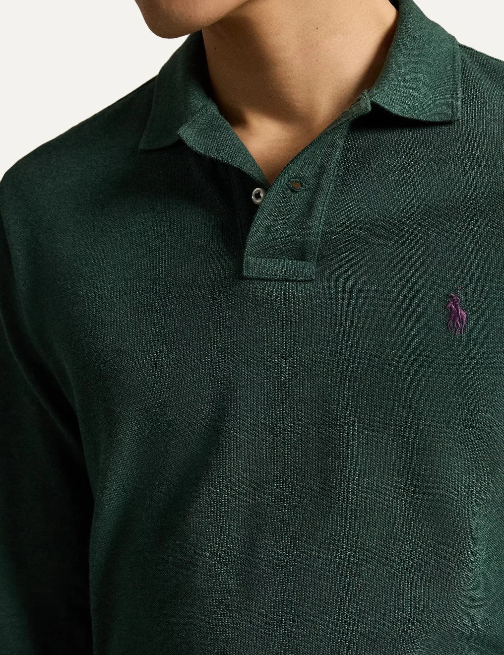 Polo Ralph Lauren men's dark green long sleeve cotton polo shirt with ribbed collar and purple embroidered Pony logo detail