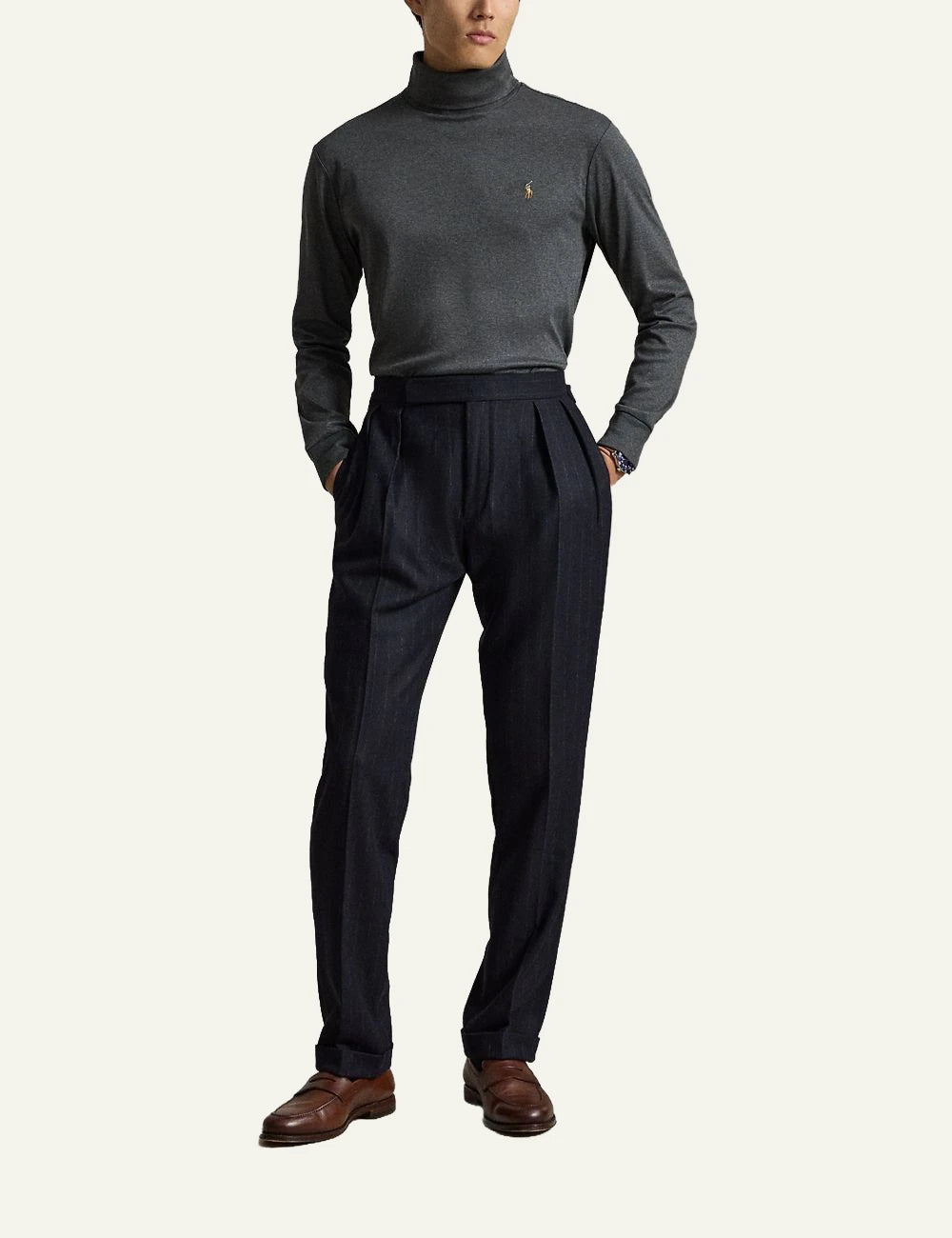 Men's Polo Ralph Lauren dark grey cotton interlock turtleneck with embroidered Pony logo full body