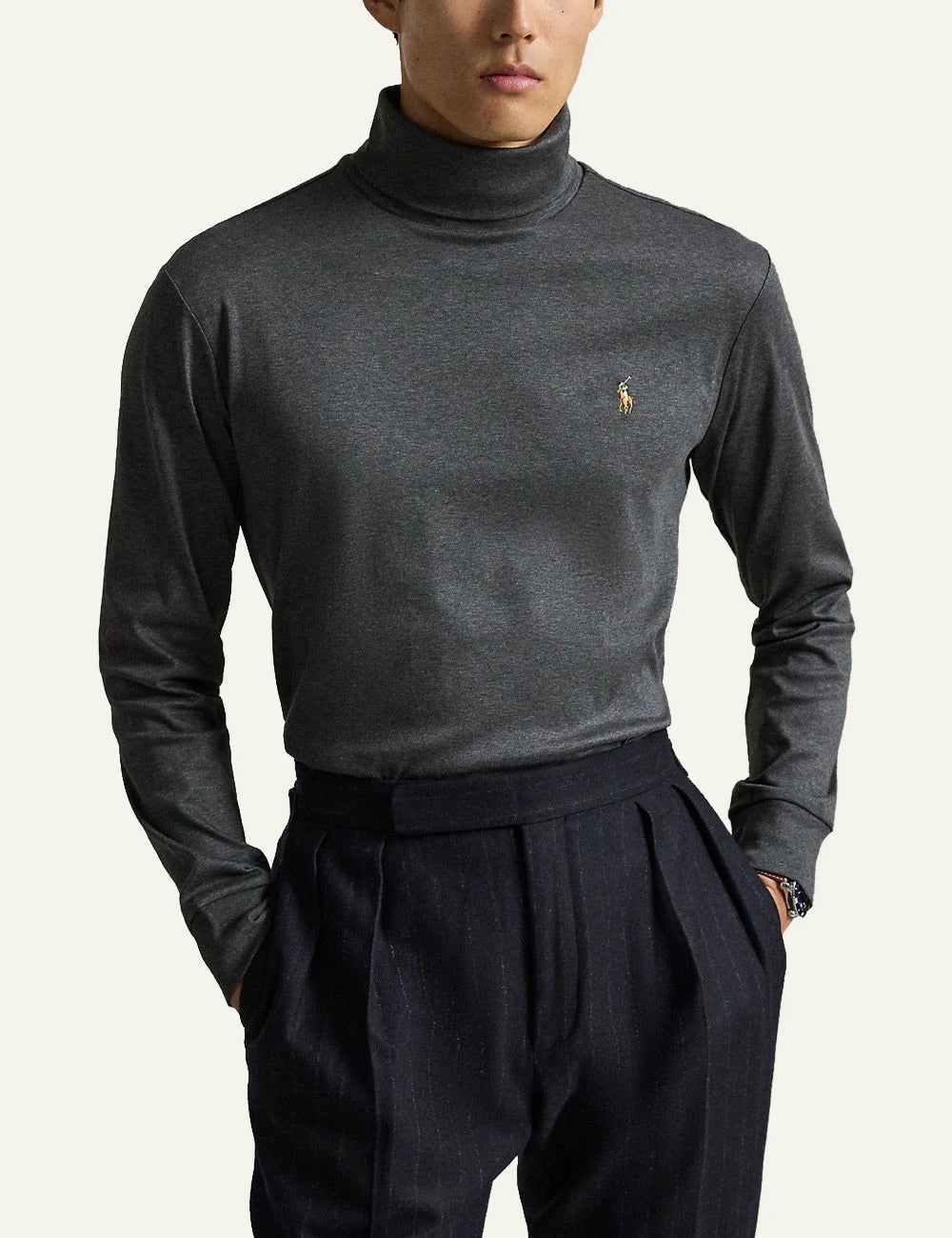 Men's Polo Ralph Lauren dark grey cotton interlock turtleneck with embroidered Pony logo model