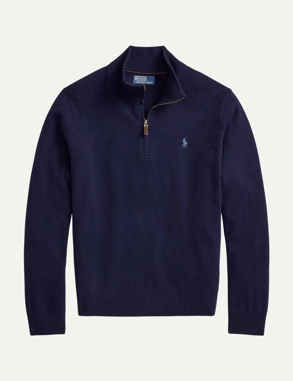 Polo Ralph Lauren men's dark navy wool quarter-zip sweater with embroidered Pony logo