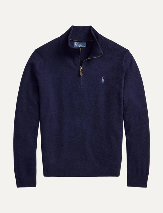 Polo Ralph Lauren men's dark navy wool quarter-zip sweater with embroidered Pony logo