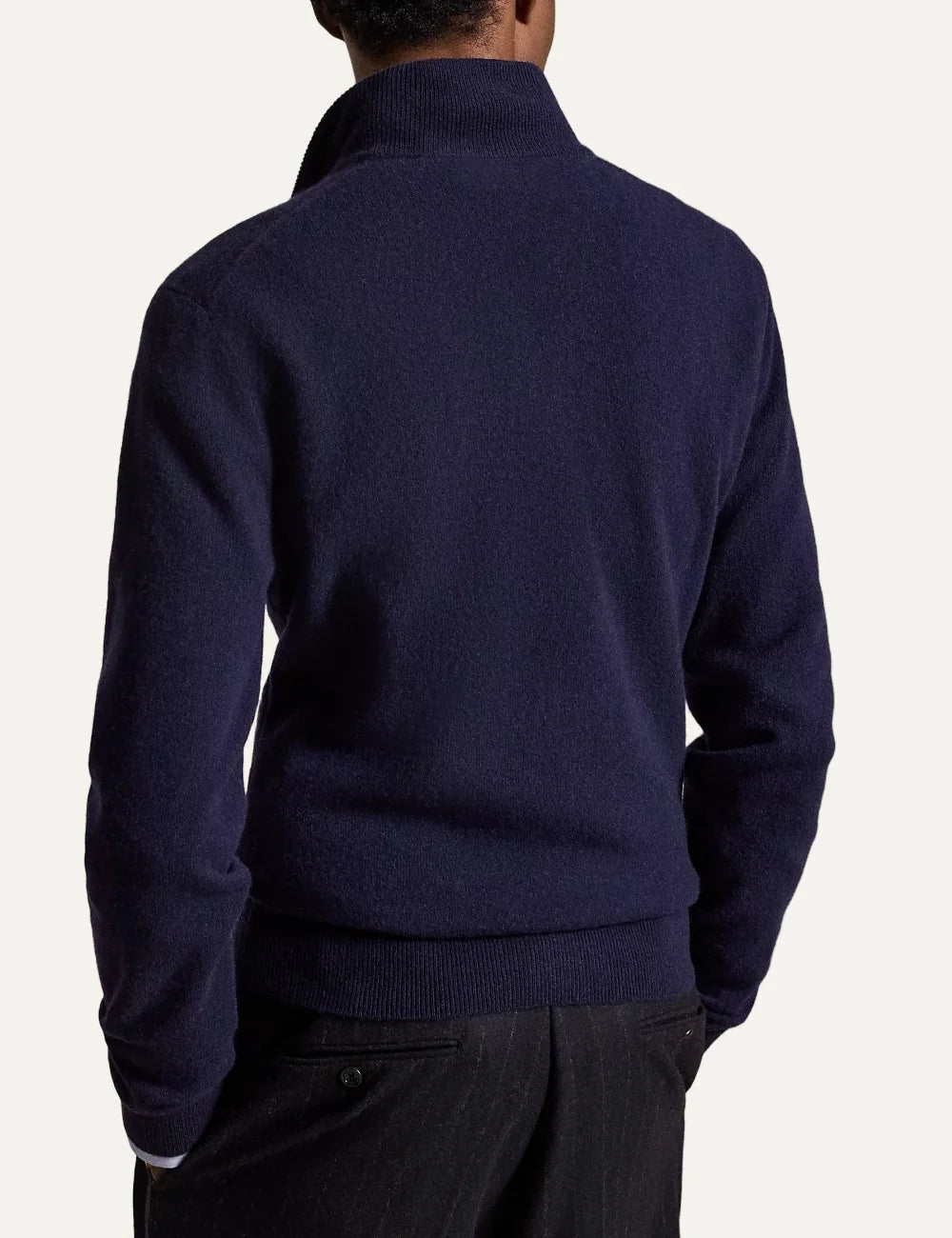 Polo Ralph Lauren men's dark navy wool quarter-zip sweater with embroidered Pony logo back