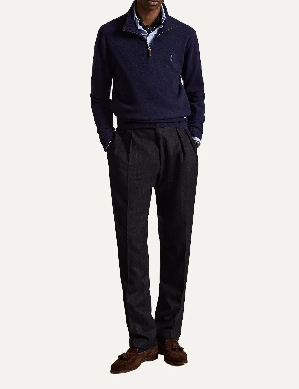 Polo Ralph Lauren men's dark navy wool quarter-zip sweater with embroidered Pony logo full body 