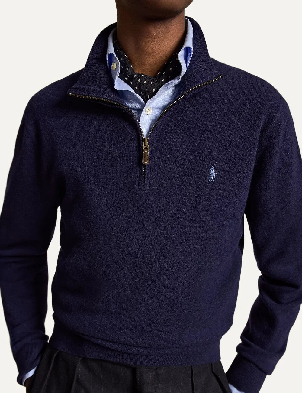 Polo Ralph Lauren men's dark navy wool quarter-zip sweater with embroidered Pony logomodel