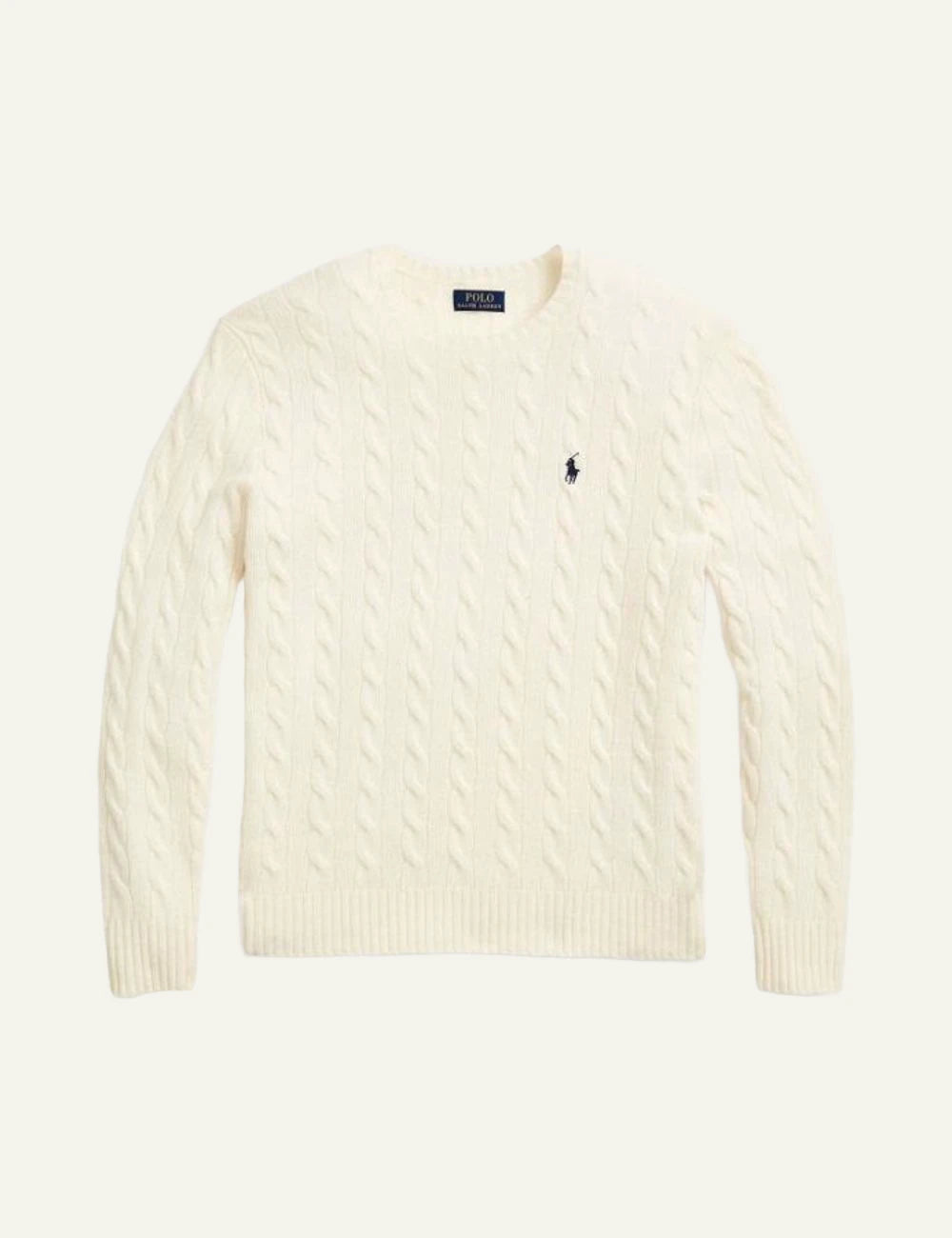 Men's Polo Ralph Lauren ecru cable-knit wool and cashmere crewneck sweater with navy embroidered Pony logo