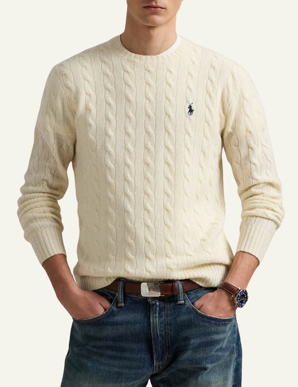 Men's Polo Ralph Lauren ecru cable-knit wool and cashmere crewneck sweater with navy embroidered Pony logo full body