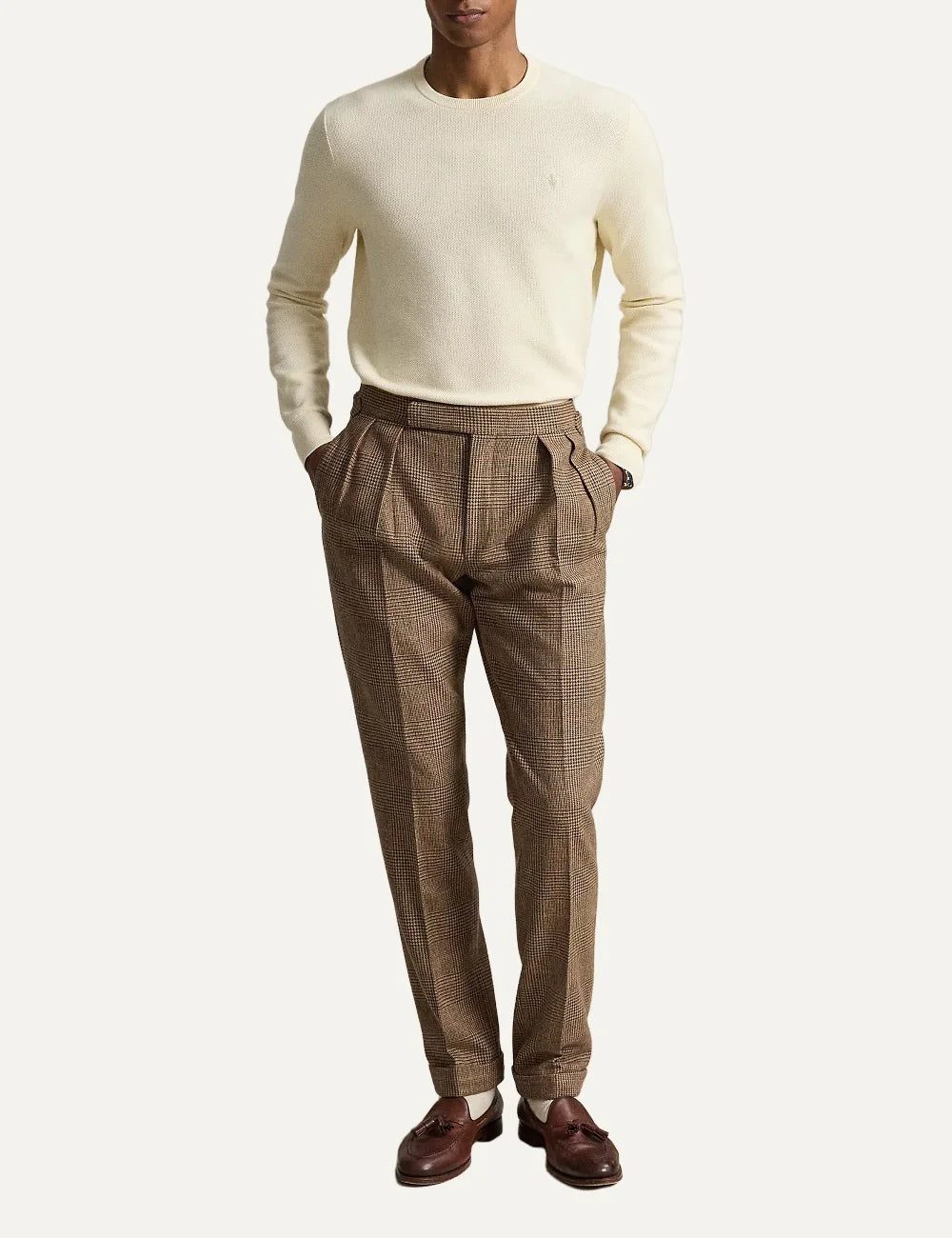 Polo Ralph Lauren men's ecru cotton crewneck sweater with embroidered Pony logo full body
