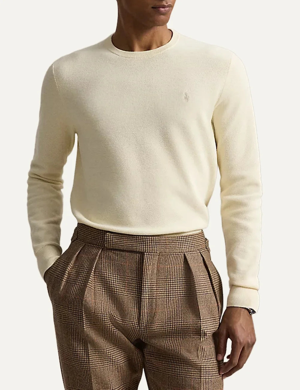 Polo Ralph Lauren men's ecru cotton crewneck sweater with embroidered Pony logo model