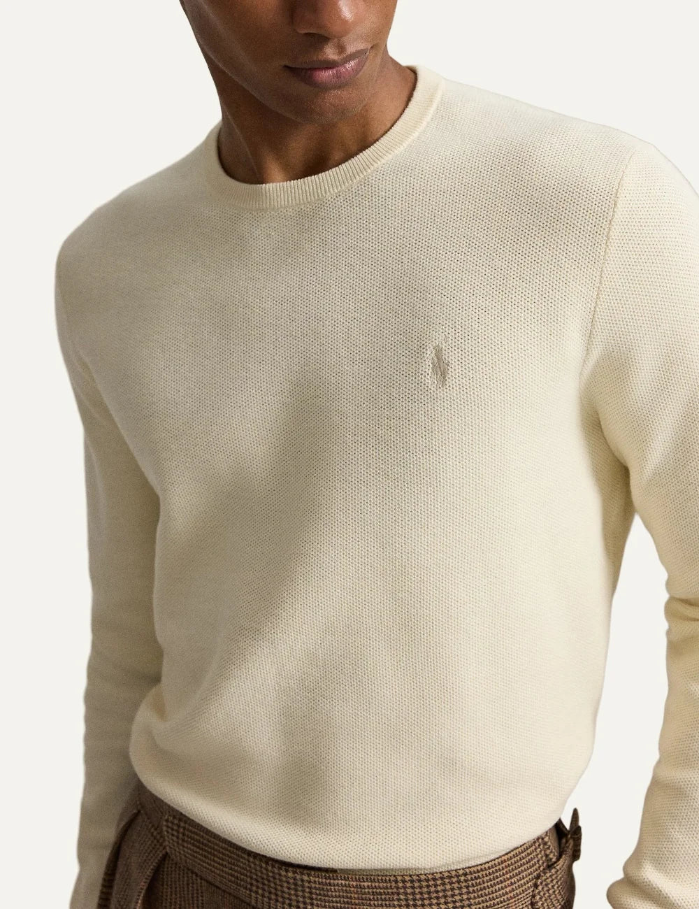Polo Ralph Lauren men's ecru cotton crewneck sweater with embroidered Pony logo detail