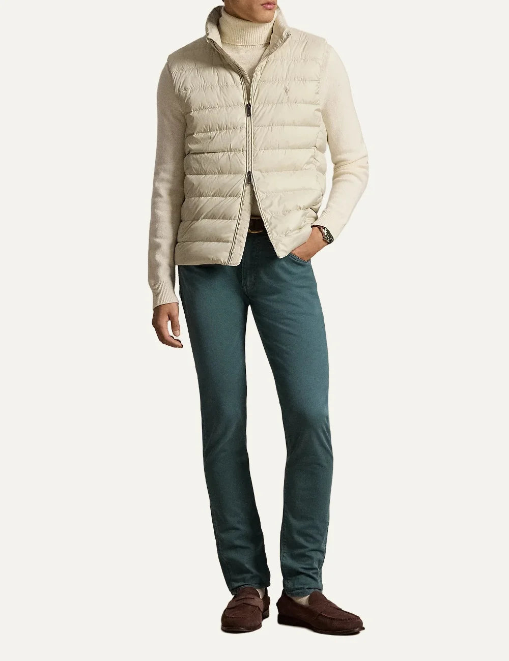 Polo Ralph Lauren men's ecru quilted down puffer vest with embroidered Pony logo full body