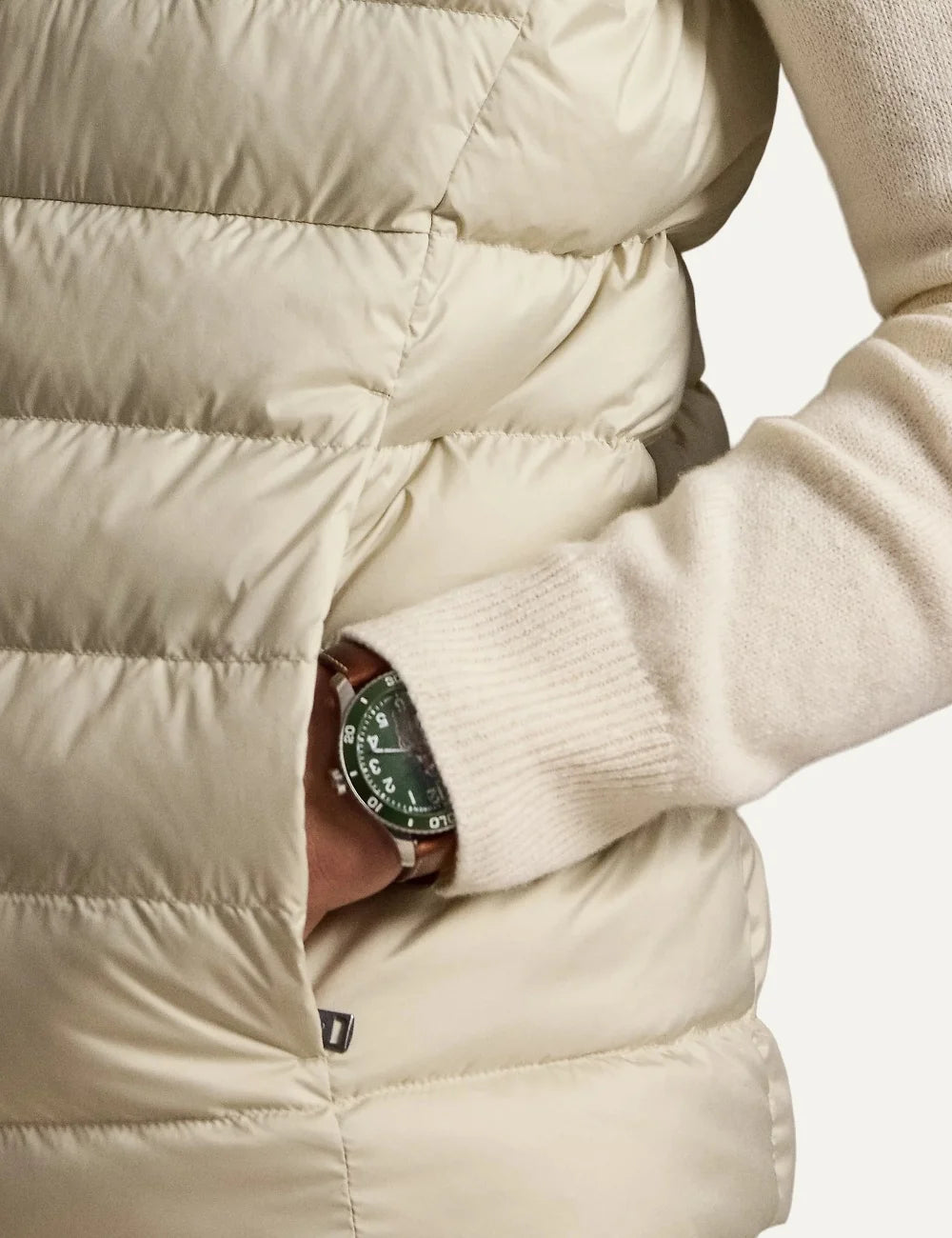 Polo Ralph Lauren men's ecru quilted down puffer vest with embroidered Pony logo pocket