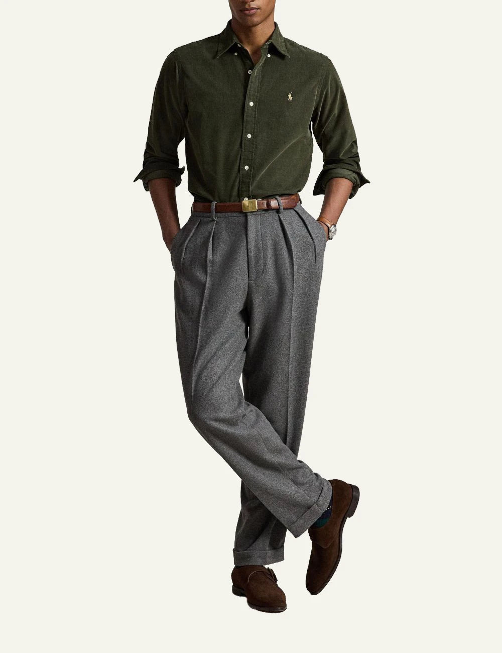 Men's Polo Ralph Lauren green cotton corduroy shirt with embroidered Pony logo full body