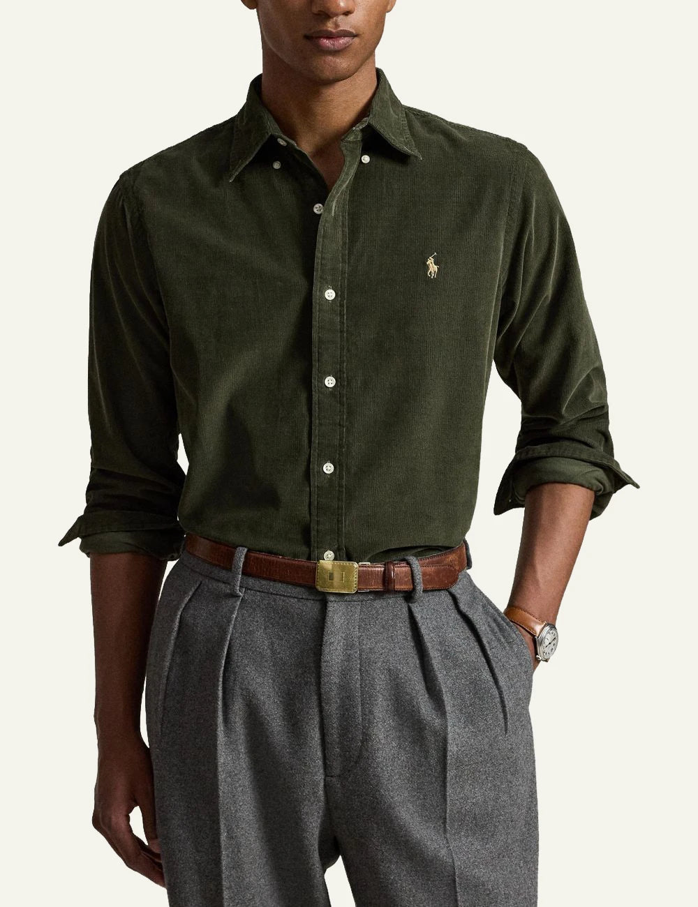Men's Polo Ralph Lauren green cotton corduroy shirt with embroidered Pony logo model