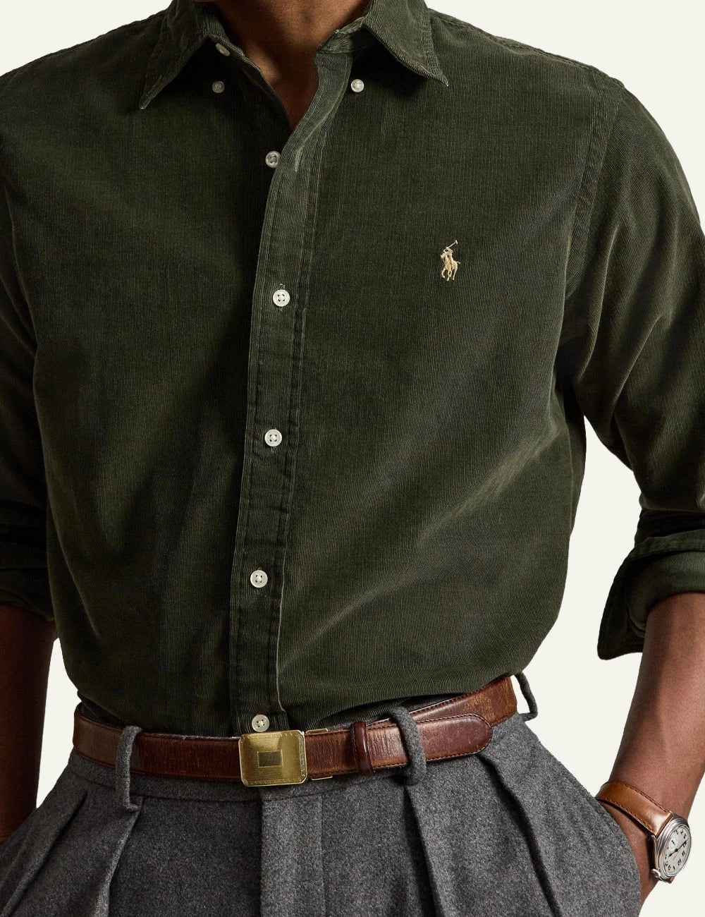 Men's Polo Ralph Lauren green cotton corduroy shirt with embroidered Pony logo detail