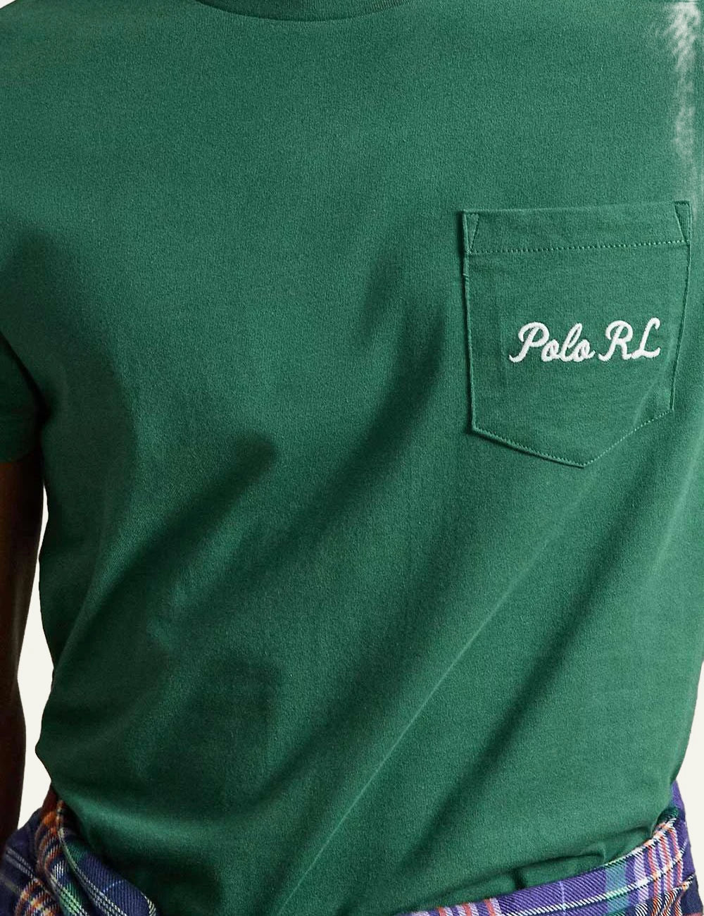 Men's Polo Ralph Lauren green jersey T-shirt with chest pocket and embroidered Polo RL logo detail