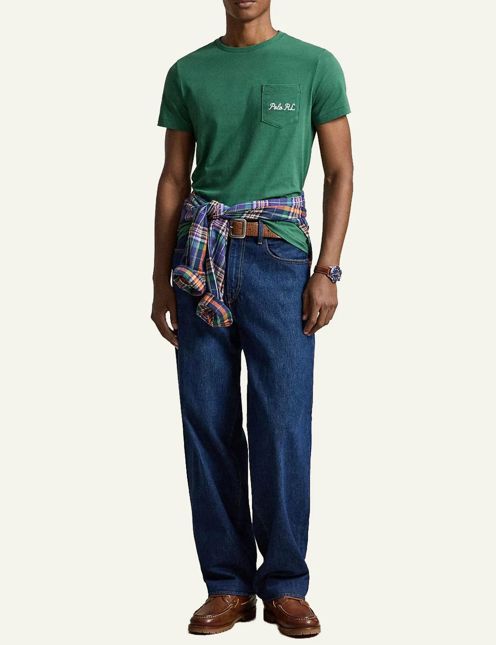 Men's Polo Ralph Lauren green jersey T-shirt with chest pocket and embroidered Polo RL logo full body