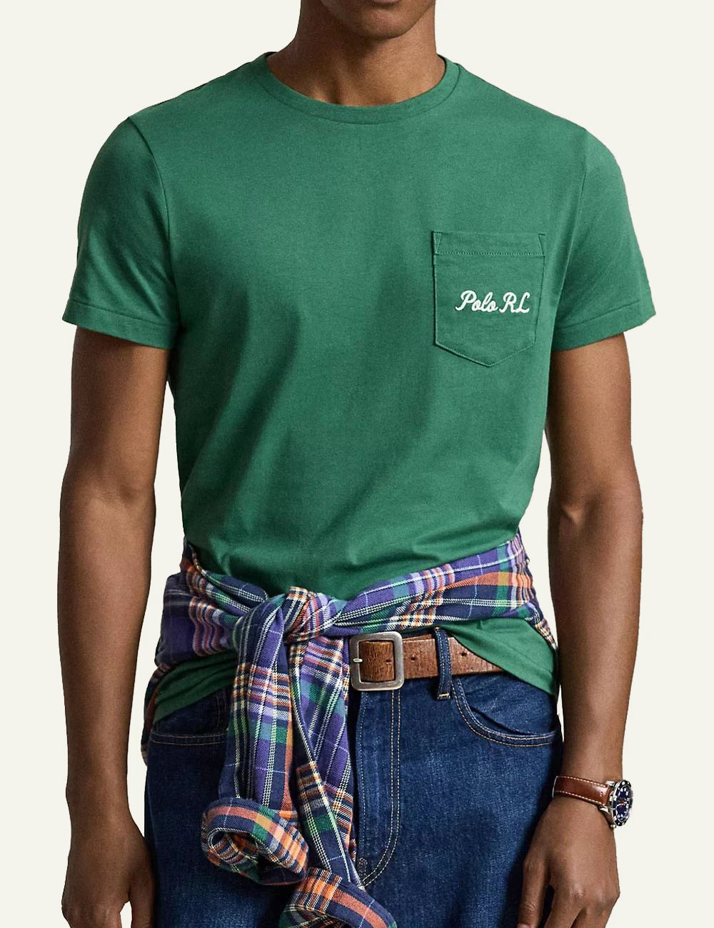 Men's Polo Ralph Lauren green jersey T-shirt with chest pocket and embroidered Polo RL logo model