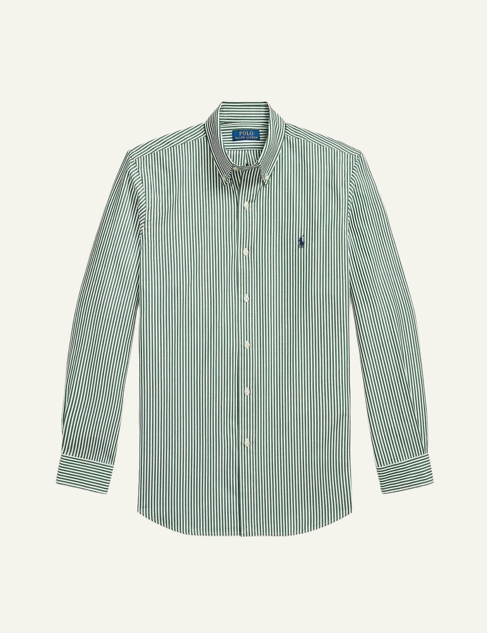 Men's Polo Ralph Lauren green and white striped stretch poplin shirt with embroidered Pony logo