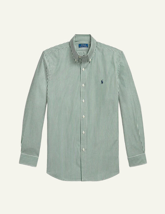Men's Polo Ralph Lauren green and white striped stretch poplin shirt with embroidered Pony logo