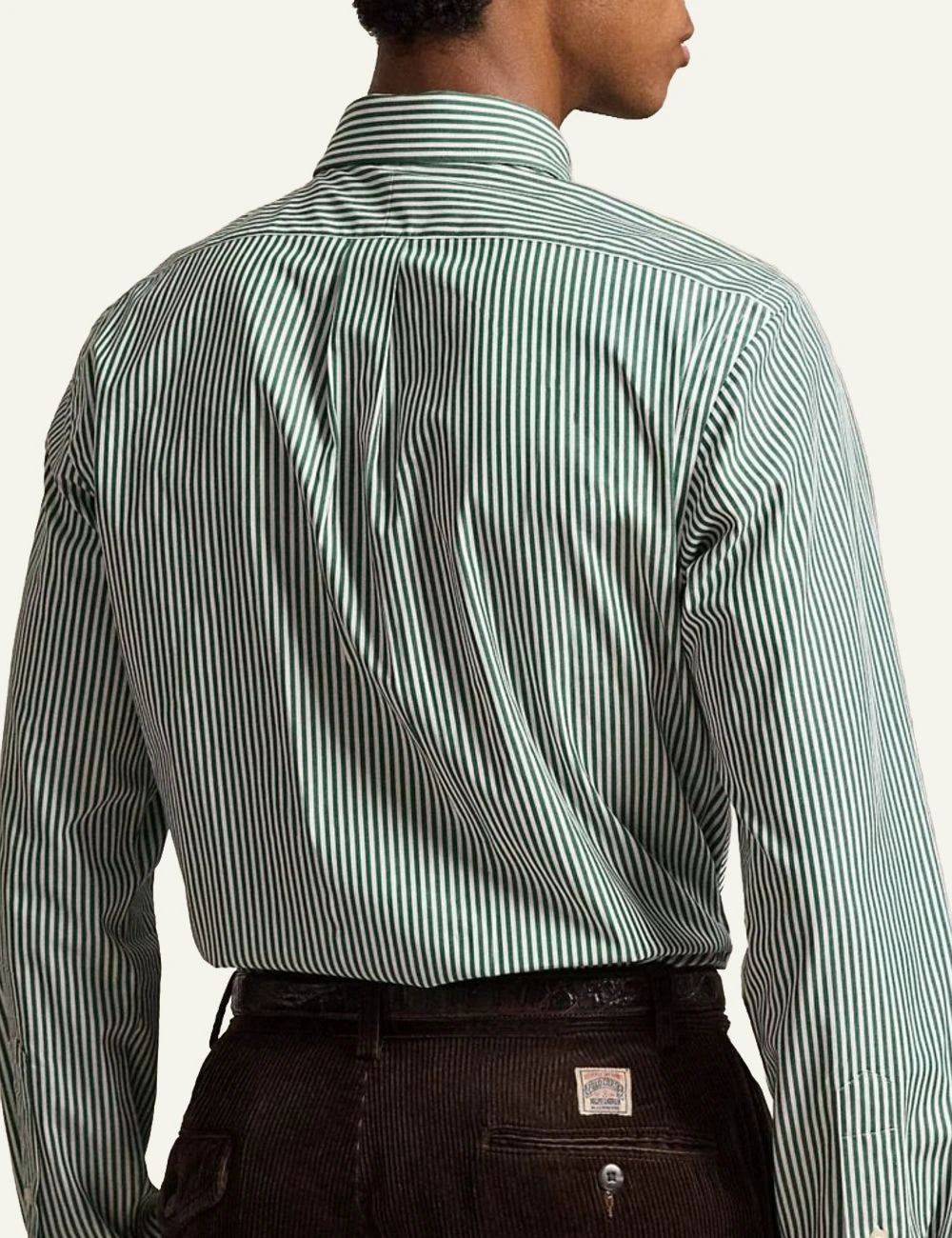 Men's Polo Ralph Lauren green and white striped stretch poplin shirt with embroidered Pony logo back
