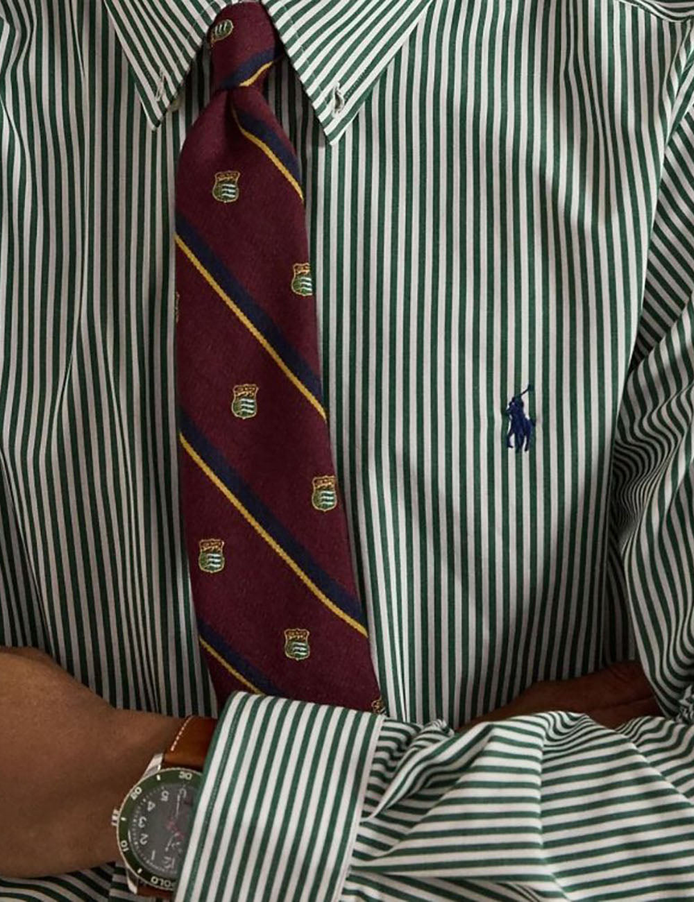 Men's Polo Ralph Lauren green and white striped stretch poplin shirt with embroidered Pony logo detail