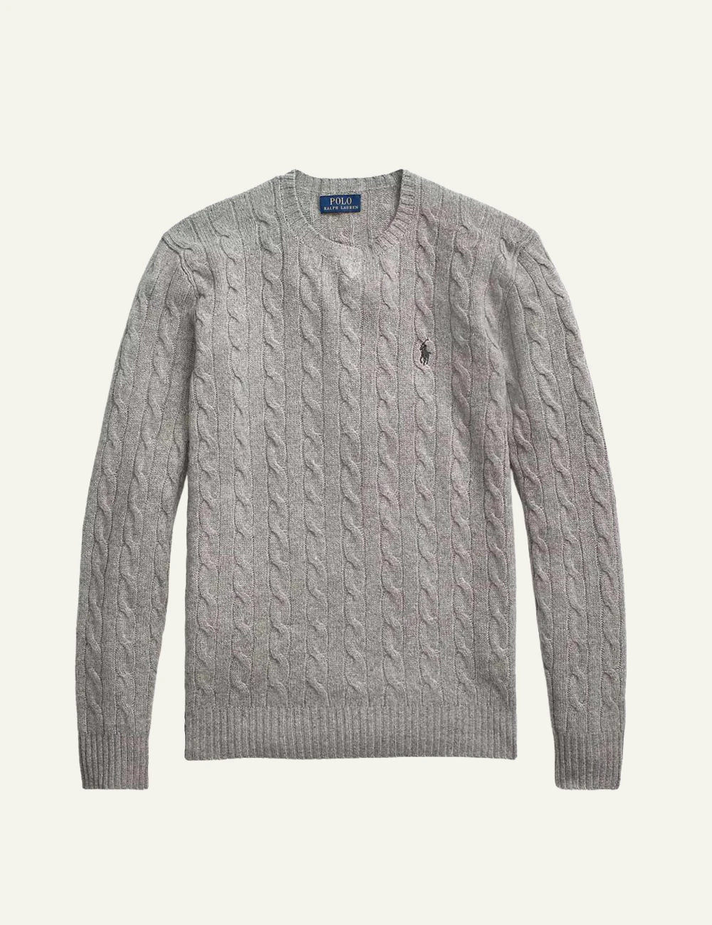 Men's Polo Ralph Lauren grey cable-knit crewneck sweater with embroidered Pony logo