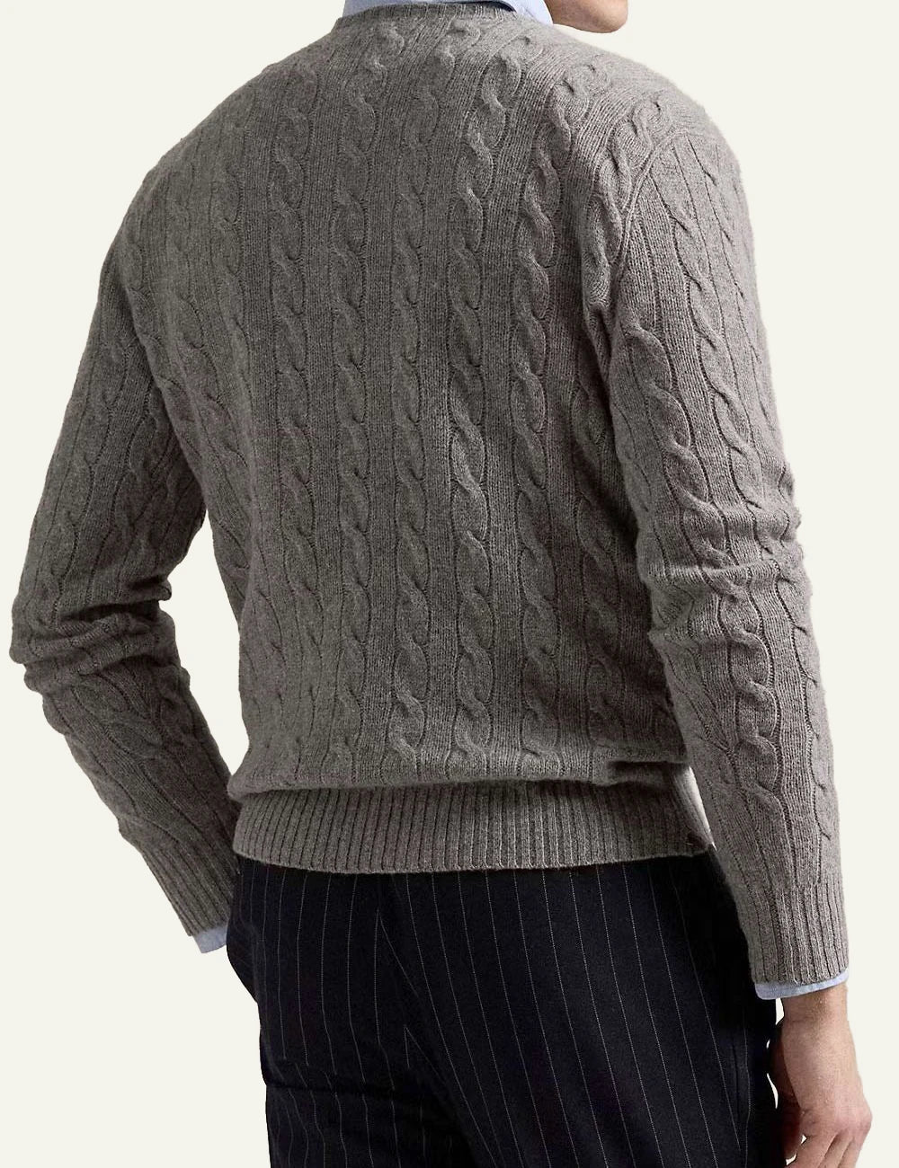 Men's Polo Ralph Lauren grey cable-knit crewneck sweater with embroidered Pony logo back