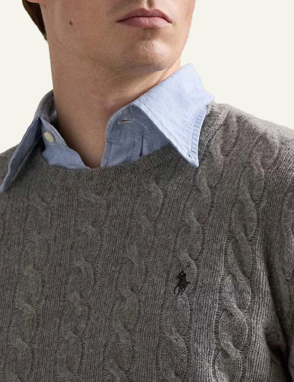 Men's Polo Ralph Lauren grey cable-knit crewneck sweater with embroidered Pony logo detail